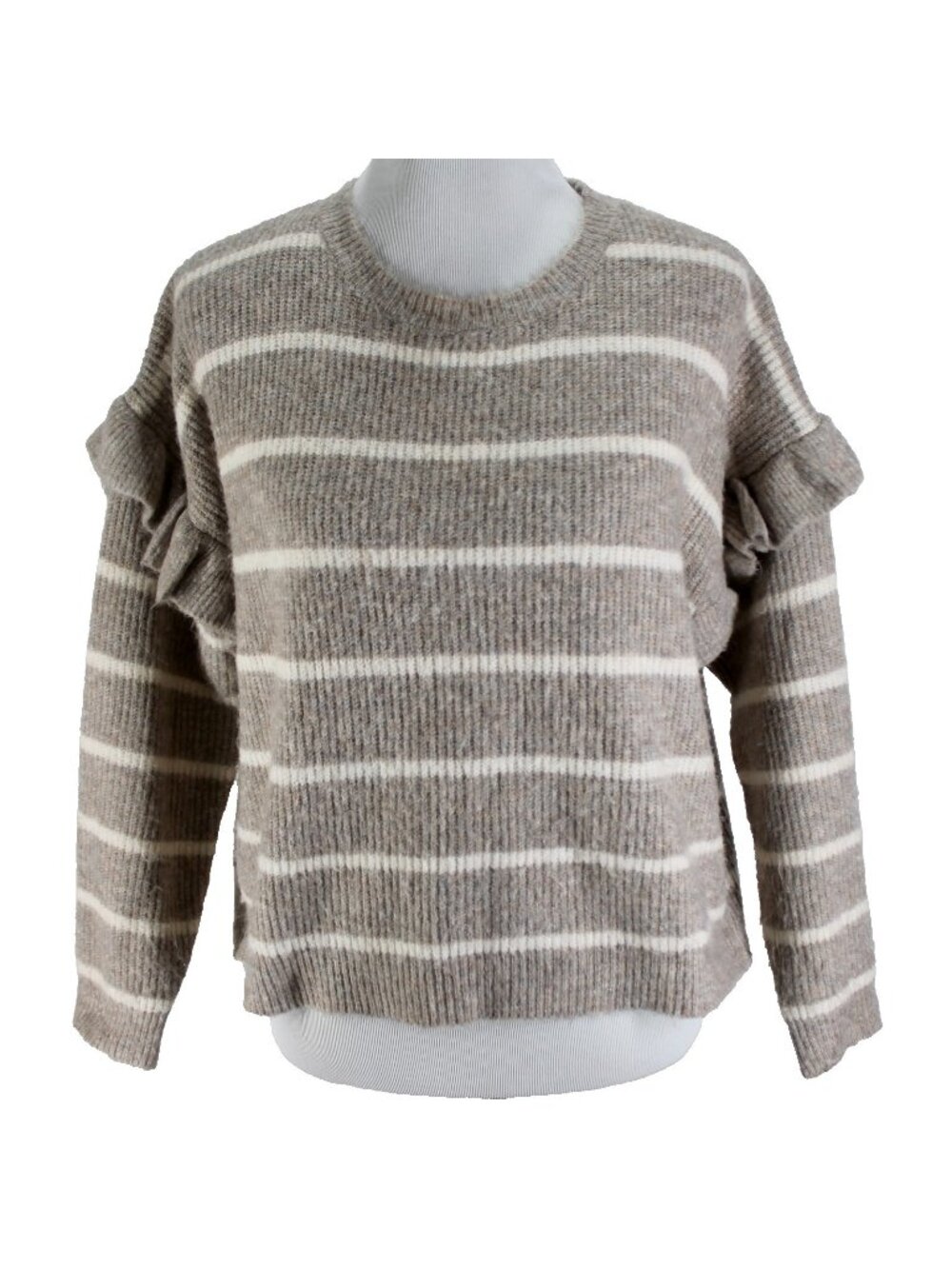Dreamers by Debut Sweater Womens Size S Brown White Stripe Ruffle Shoulder